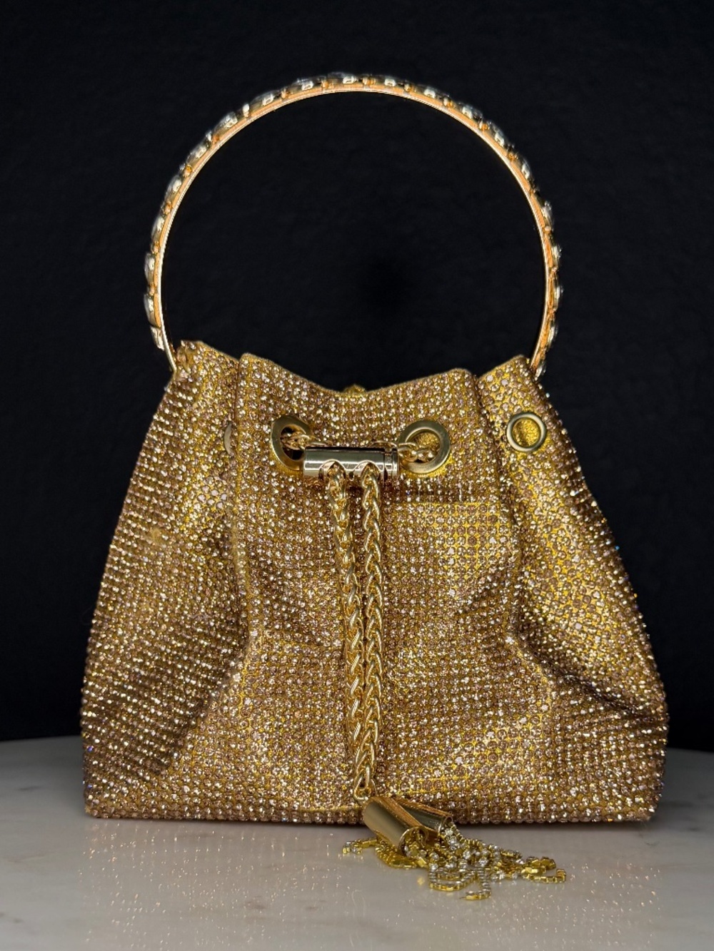 Gold Rhinestone Encrusted Bucket Bag with Circular Handle & Chain Strap